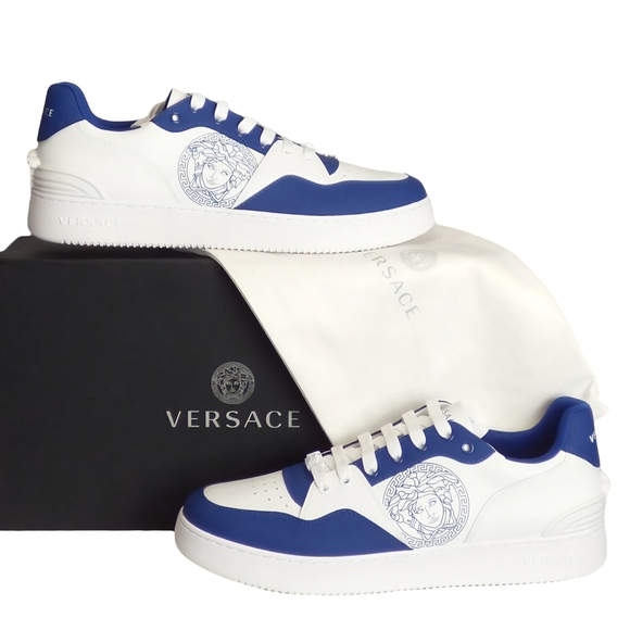 Versace Vitello+Nastro Greca Sneakers Blue/White US Size 12 EU 45 - Picture 1 of 5